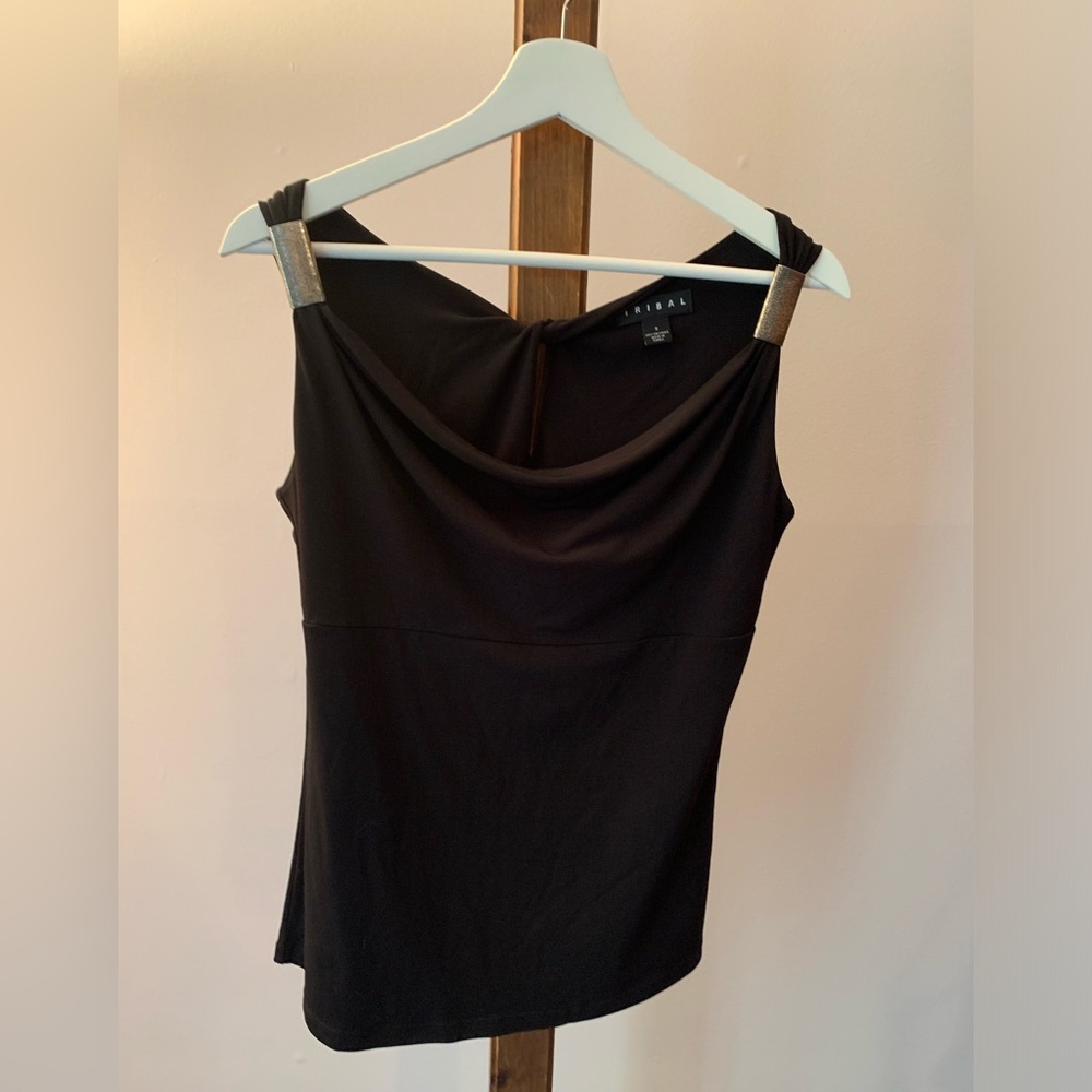 TRIBAL | Drape Neck Black Tank with Metal Trim |  Sz S